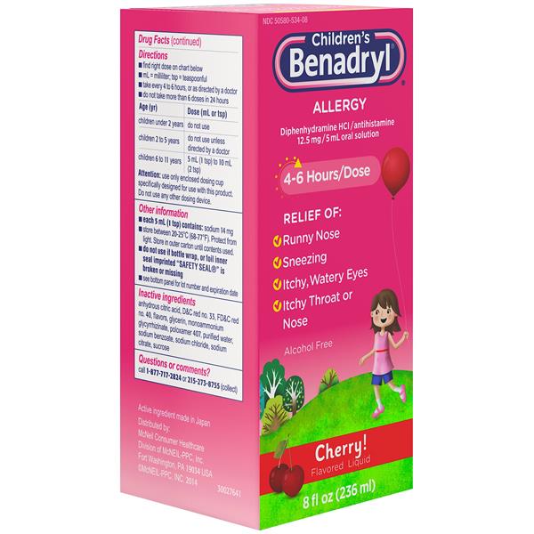 Benadryl Children's Allergy, 12.5 mg, Cherry Flavored Liquid : Publix.com