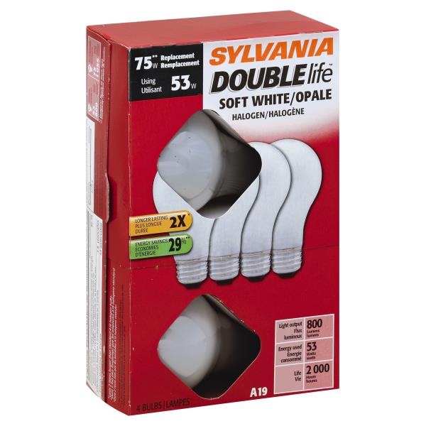 4 PK Sylvania Double Life Soft White Halogen 75W Replacement light bulb uses 53W 
